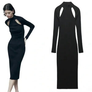 Zara knit midi dress Front cutouts Long sleeved Black Size S NWT Stretchy Sleek